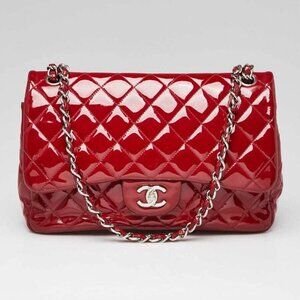 Chanel Red Quilted Patent Leather Classic Jumbo Double Flap Bag